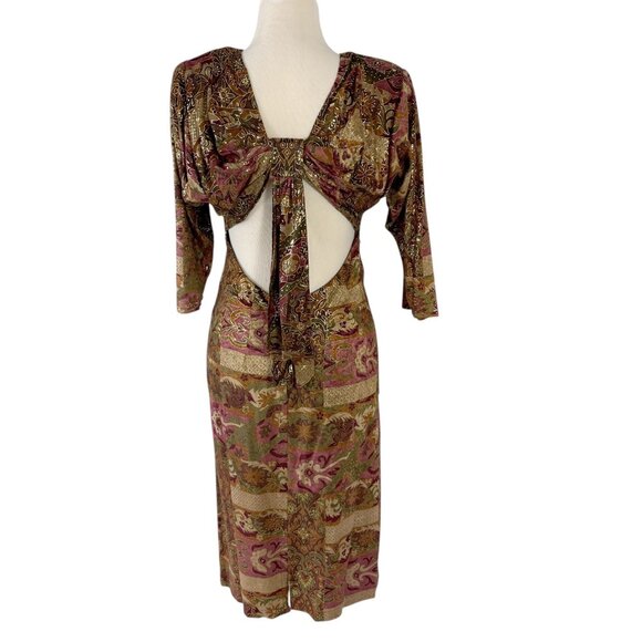 Janine Hand Painted Gold Metallic Mosaic Dress Size Medium Vintage 1980s Italy - Picture 8 of 11